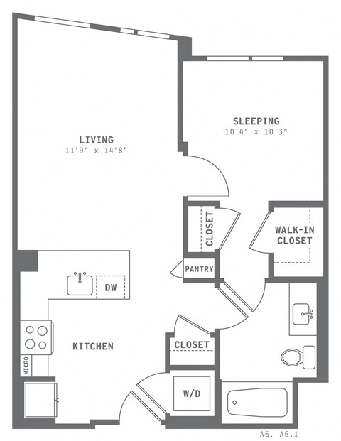 Floor plan for 1 bed, 1 bath, 652 sqft